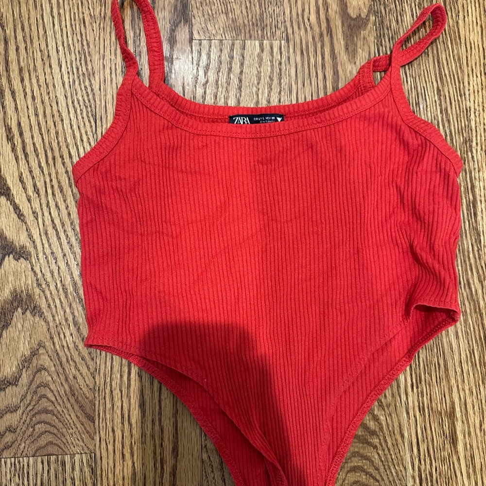 Zara Red Bodysuit with Ribbed Texture and High Cut Leg